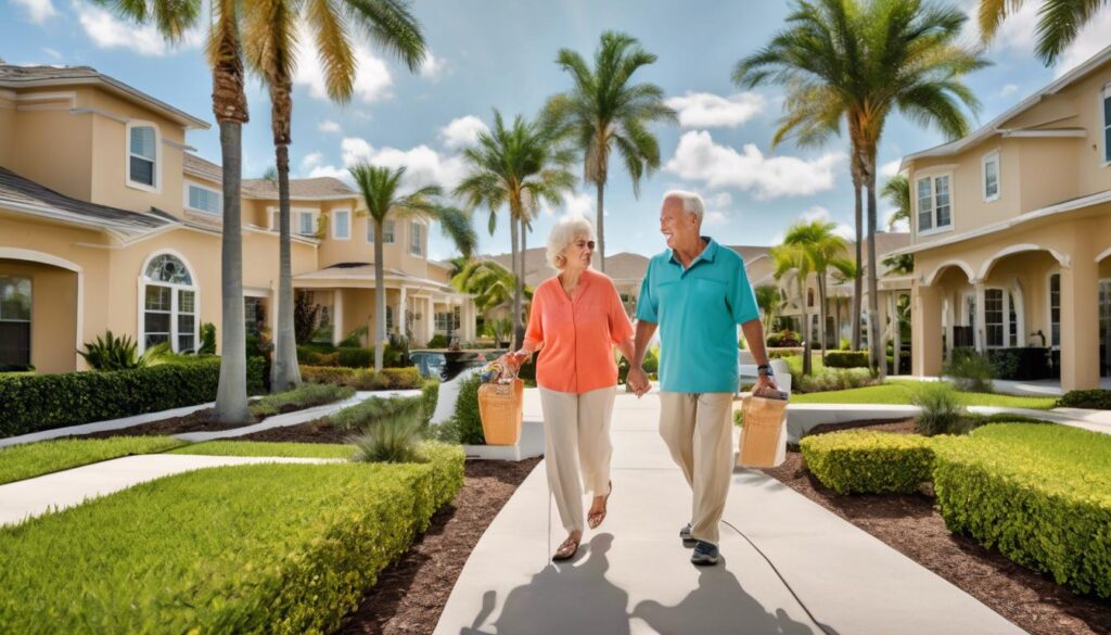 Aerial view of a Florida retirement community with golf courses and homes.