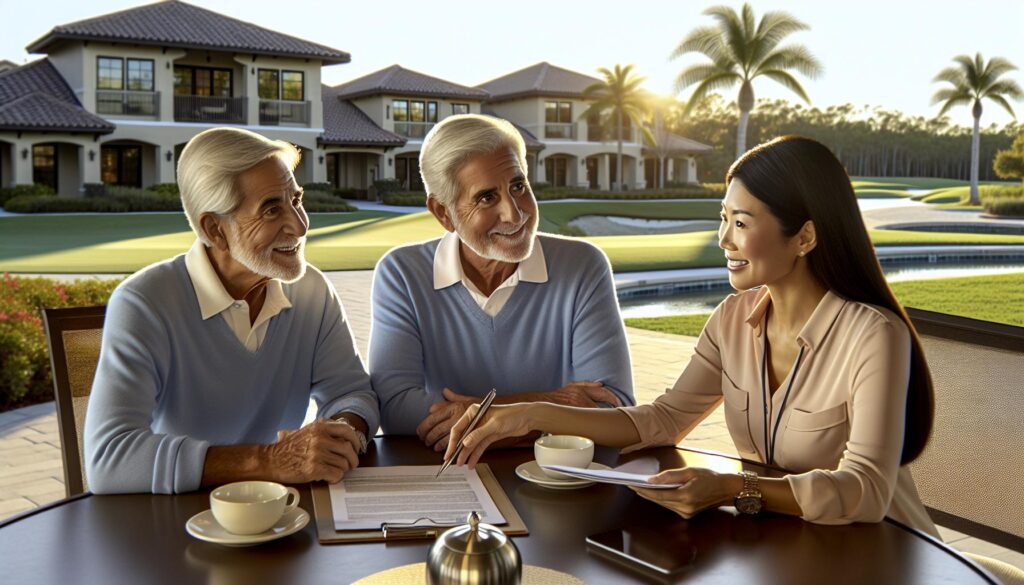 Happy senior couple reviewing home purchase documents in a 55+ community.