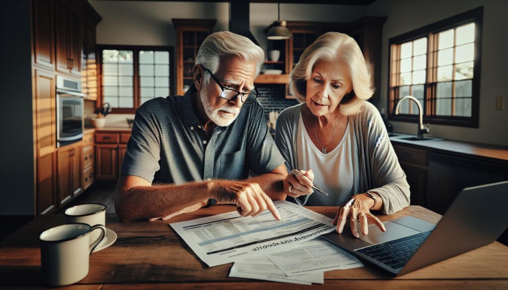 A senior couple reviewing Florida property tax documents at home.
