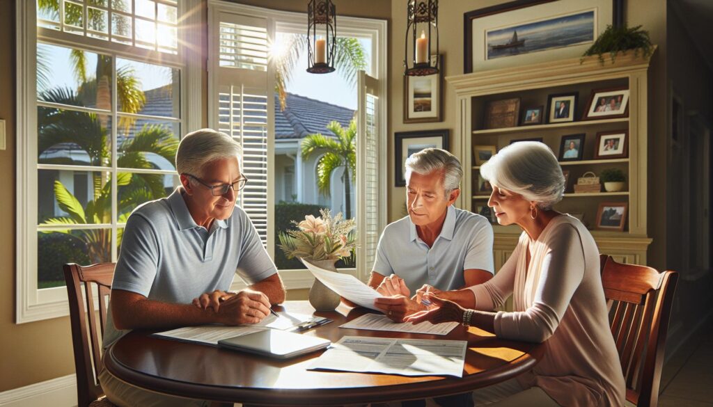 Senior couple reviewing home insurance documents in Florida.