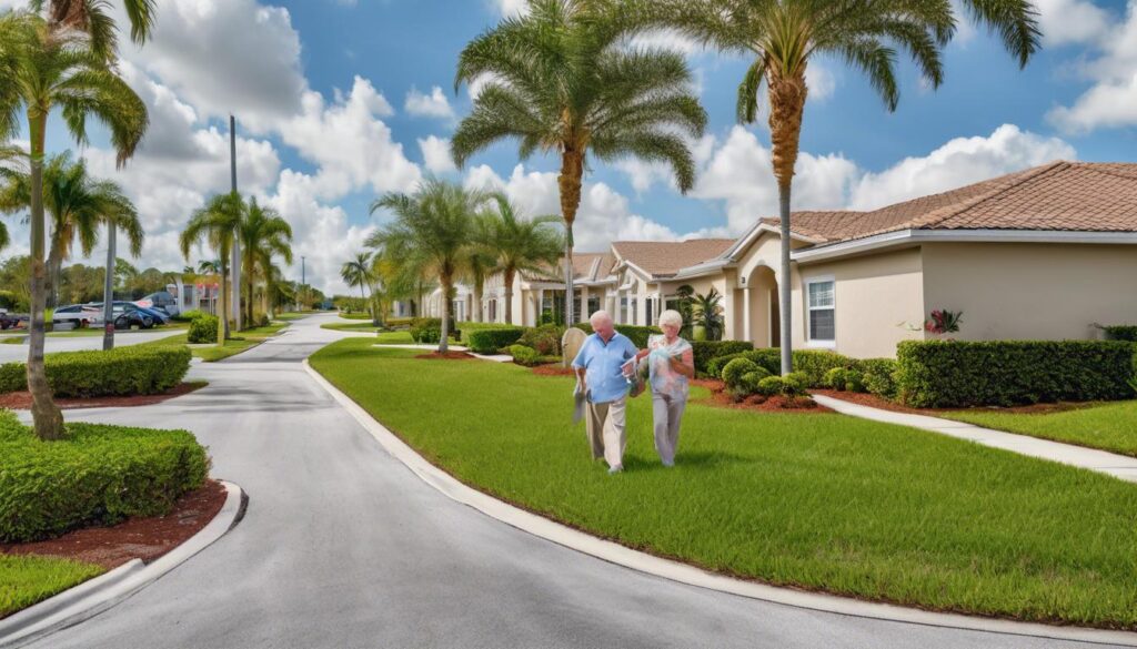 Aerial view of a 55+ community with pools and golf courses.