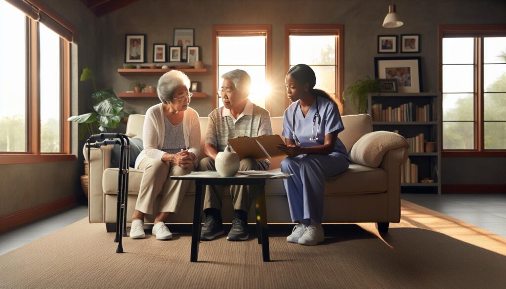 Senior couple reviewing long-term care options in an active adult community.