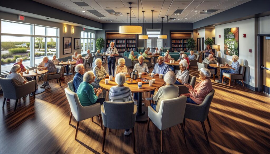 Happy seniors socializing in a 55+ community event