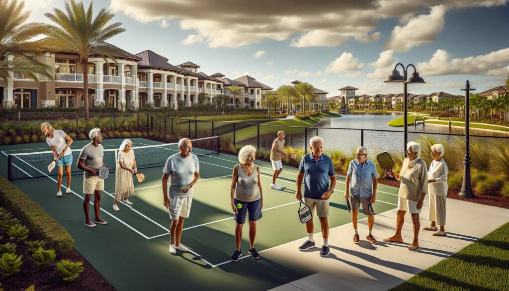 55+ community with senior residents enjoying outdoor activities