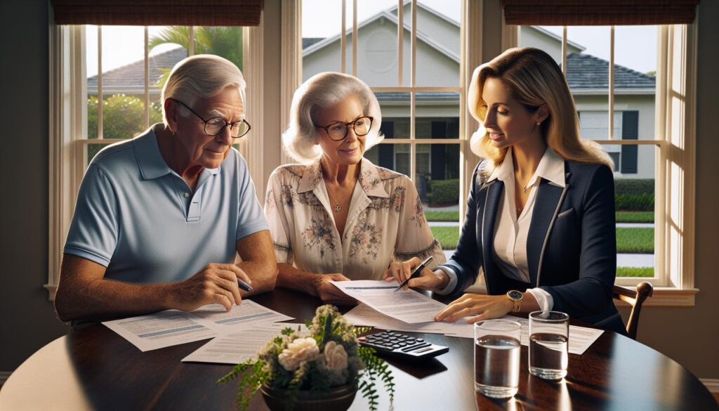 Senior couple discussing reverse mortgage options in Florida