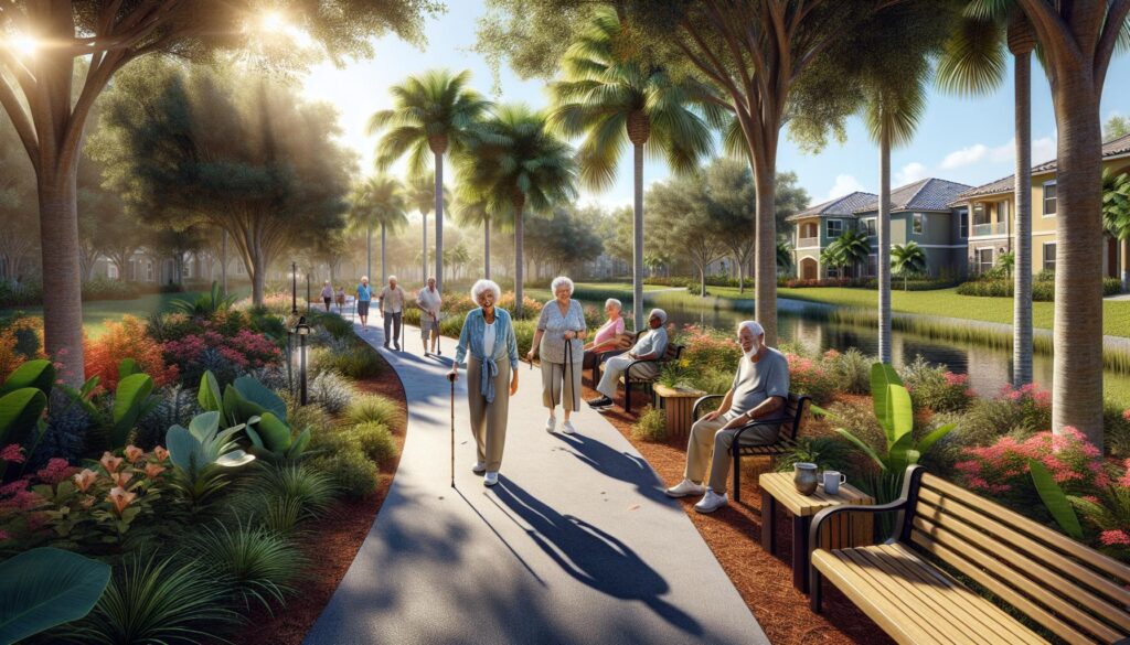 Senior walking on a nature trail surrounded by lush greenery