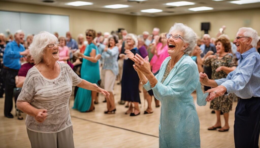Group of seniors dancing and socializing at a community event in Port St. Lucie.