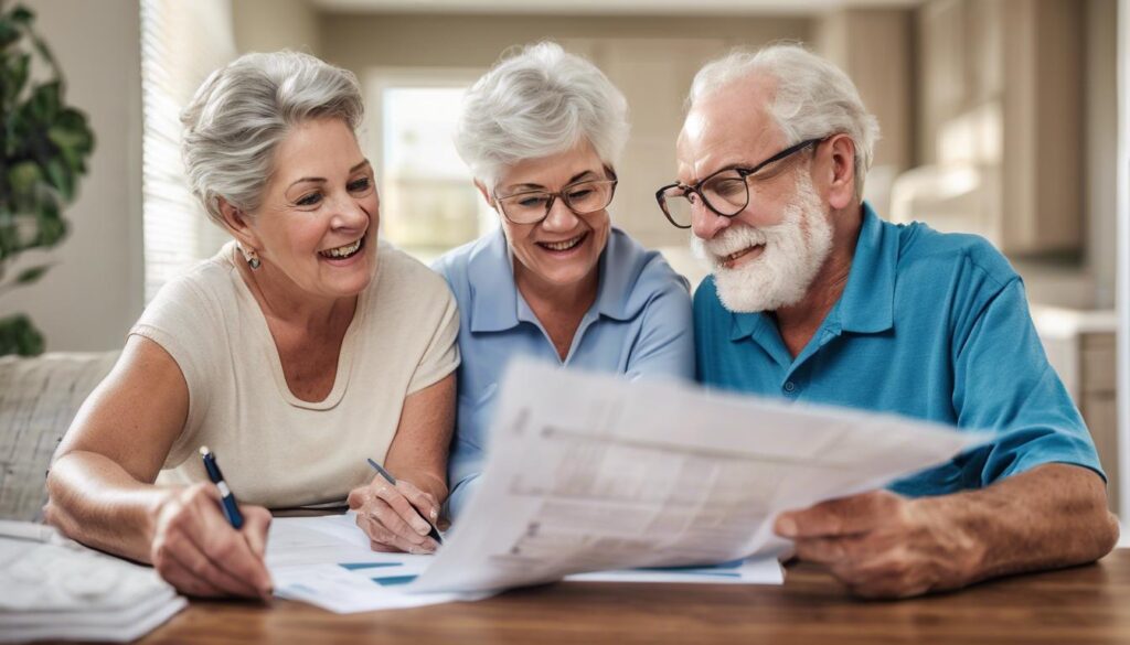 Senior couple reviewing 55+ community rules in a brochure