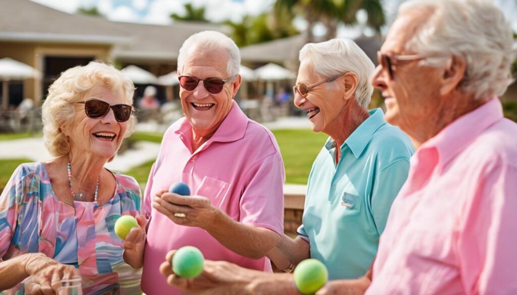 Happy seniors engaging in activities at a 55+ community event.