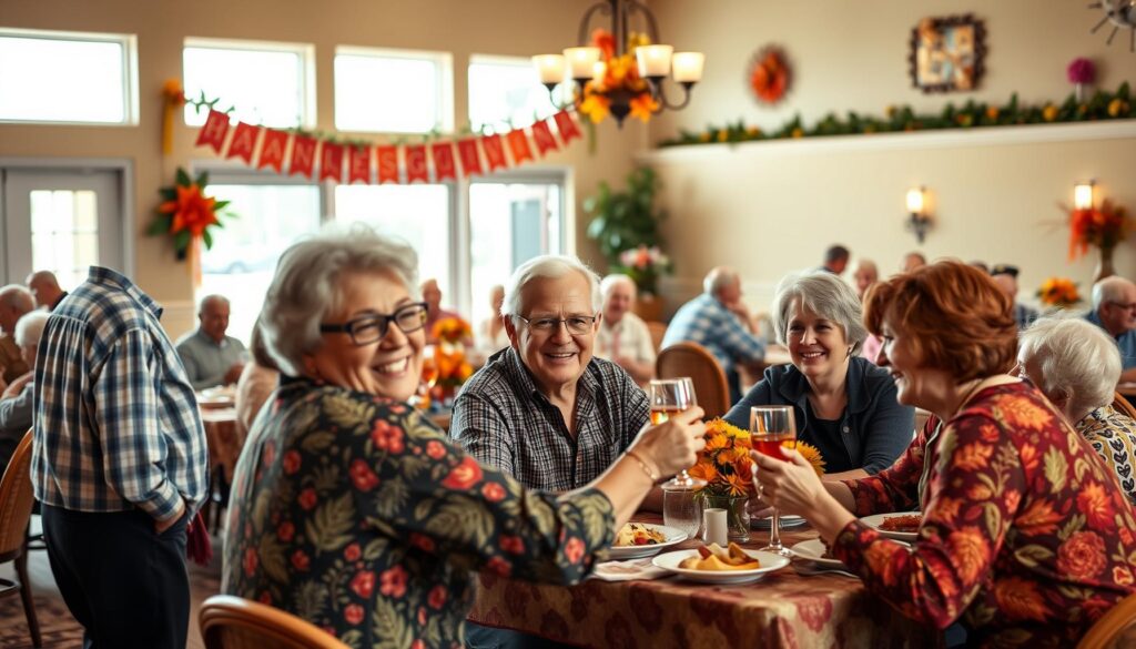 Active adults in festive attire enjoying holiday events in Port St Lucie 55+ communities.