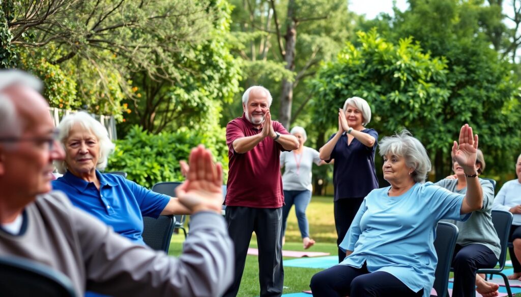Seniors performing Tai Chi and Yoga in a wellness class.