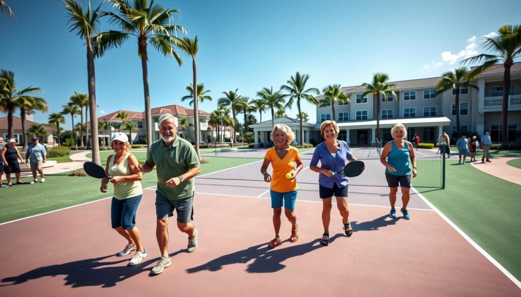 Active seniors playing pickleball on community courts in Port St. Lucie 55+ neighborhood