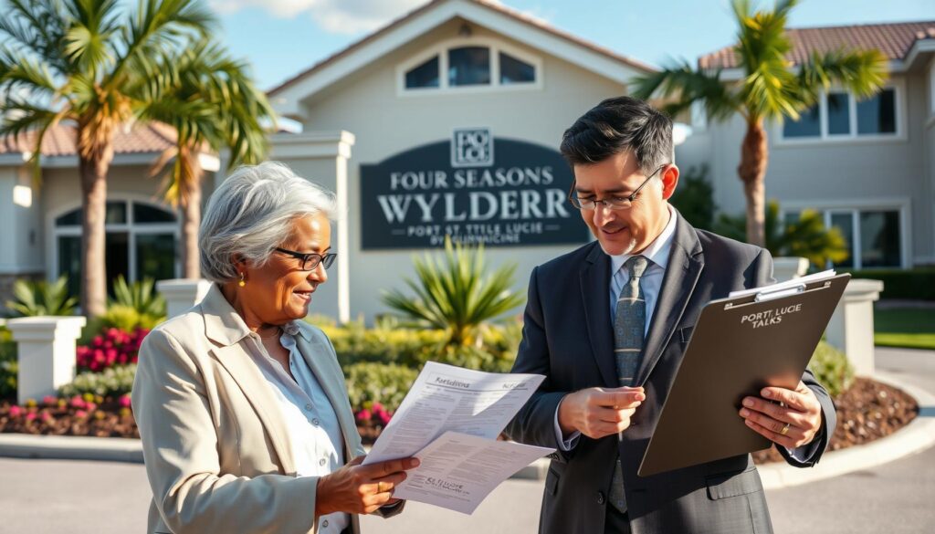 Couple reviewing age requirements for buying a home in a 55+ Port St. Lucie community.