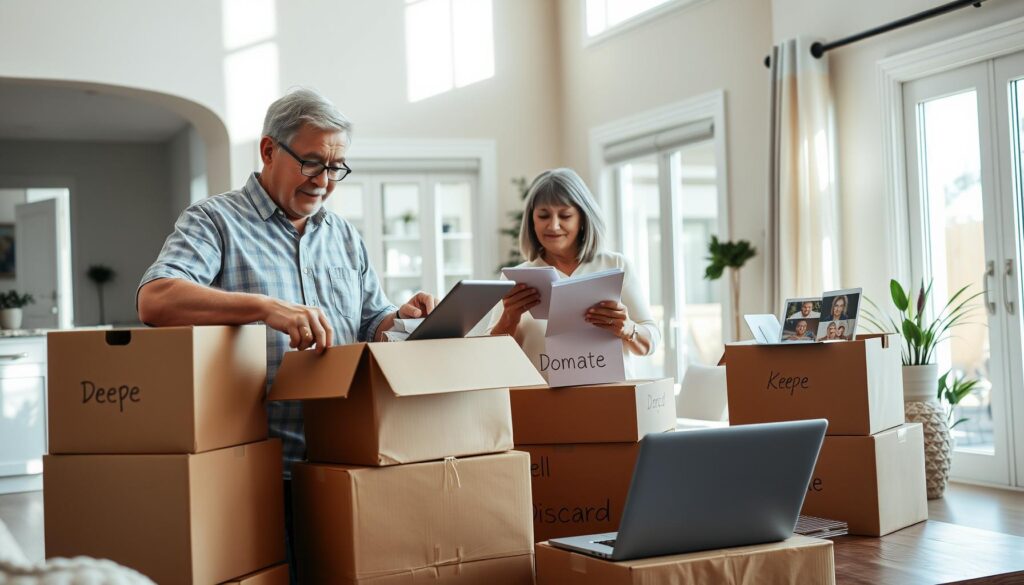Older adults organizing and packing boxes before moving to a 55+ community home.