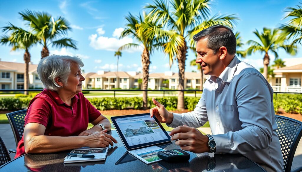 Active retirees reviewing financing strategies for a Port St. Lucie retirement home