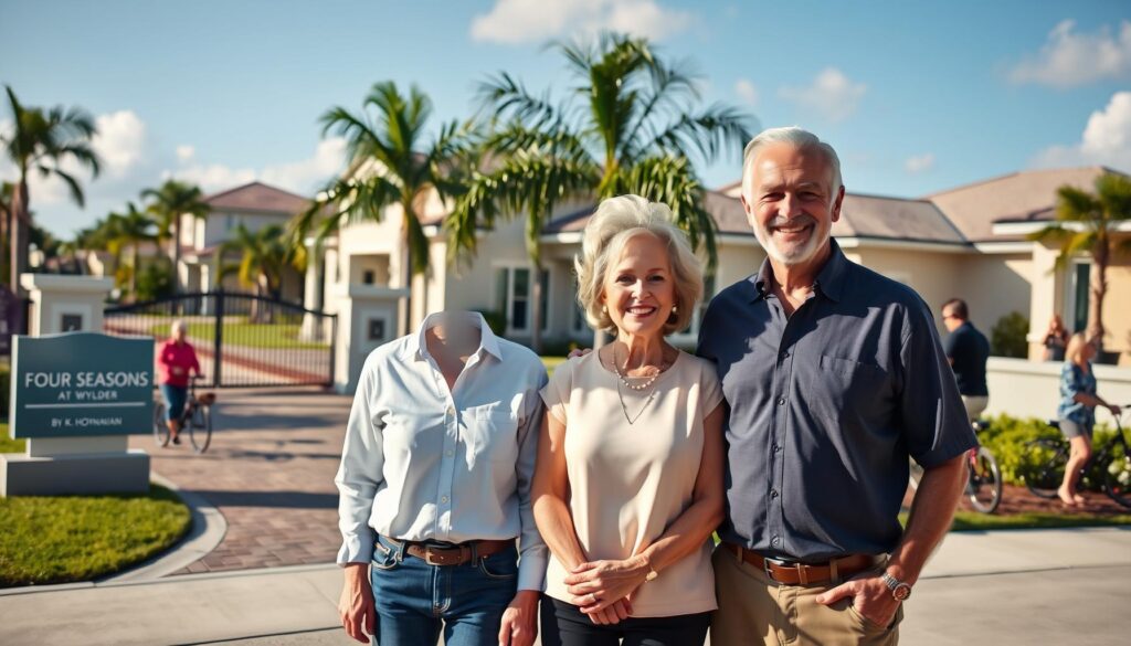 Modern homes and palm trees at Four Seasons at Wylder 55+ community in Port St. Lucie