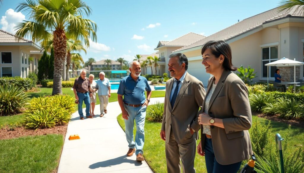 Active adults enjoying resort amenities and maintained landscapes in a Port St. Lucie 55+ community.