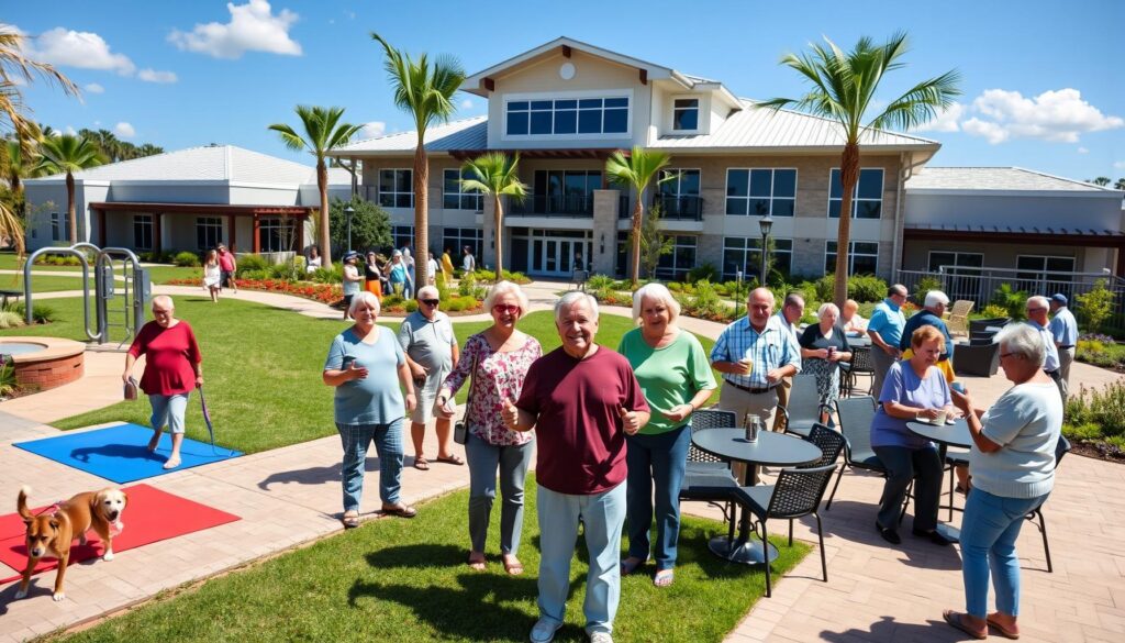 Resort-style amenities at a Port St. Lucie 55+ community showing modern accommodations, pool, and social spaces.