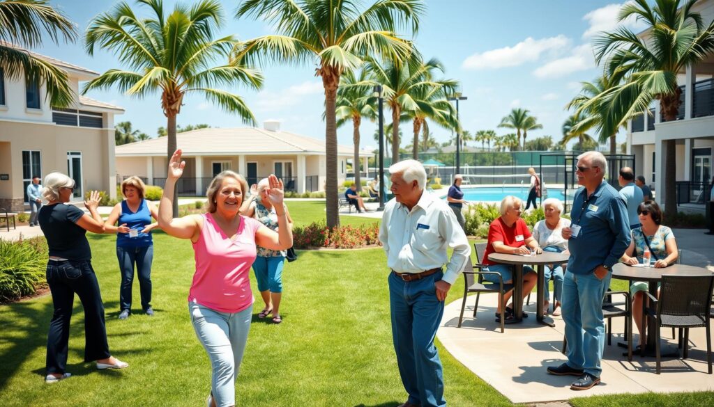 Active adults socializing and enjoying resort amenities in a Port St. Lucie 55+ community