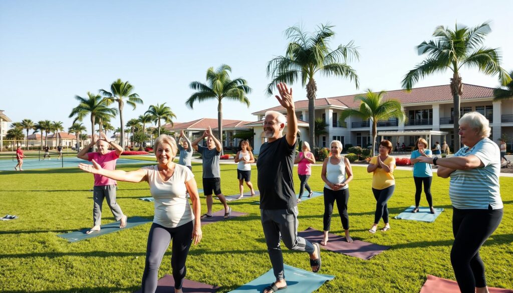 Active adults in Port St. Lucie join winter group fitness and social activities outdoors.