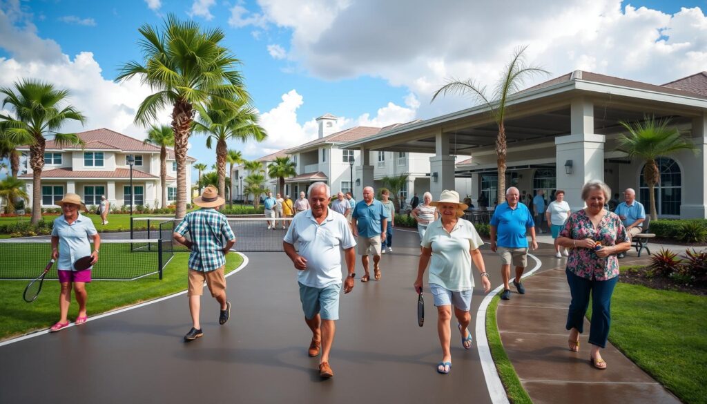 Retirees walking in a sunny Port St. Lucie 55+ community with lush landscaping.