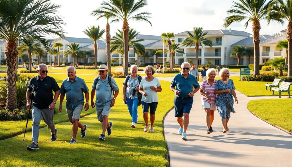 Active seniors walking together on a landscaped trail in a Port St. Lucie retirement community
