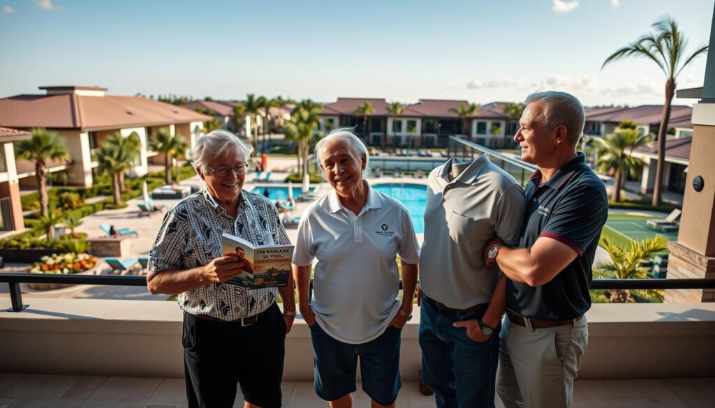 Active snowbirds relaxing by a resort pool at Four Seasons at Wylder in Port St. Lucie.