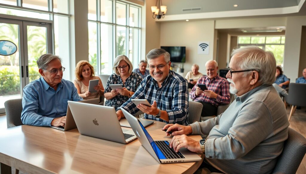 Active adults enjoying high-speed Wi-Fi and smart home features in a Port St. Lucie 55+ community