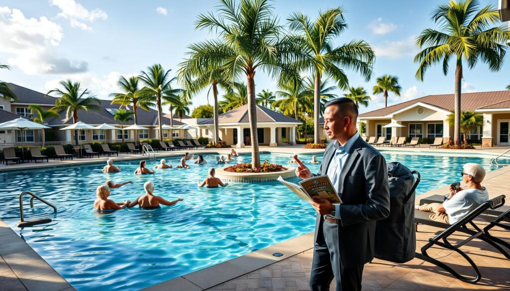 Resort-style swimming pool with lounge chairs in a Port St. Lucie 55+ community