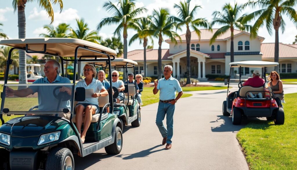 Seniors driving golf carts in a Port St. Lucie 55+ community near clubhouse and pools
