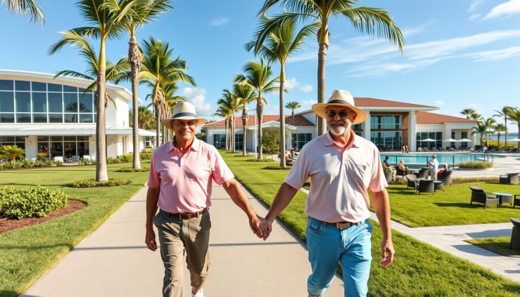 Active adults relaxing in a resort-style Port St. Lucie 55+ community near sandy beaches.
