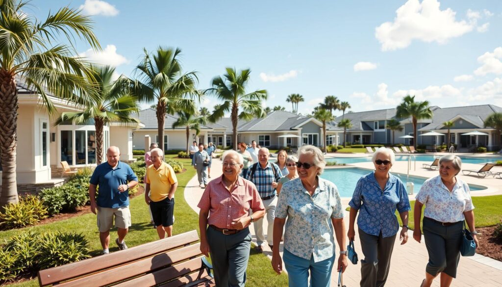 A vibrant 55+ community in Port St. Lucie showing residents at a resort-style clubhouse