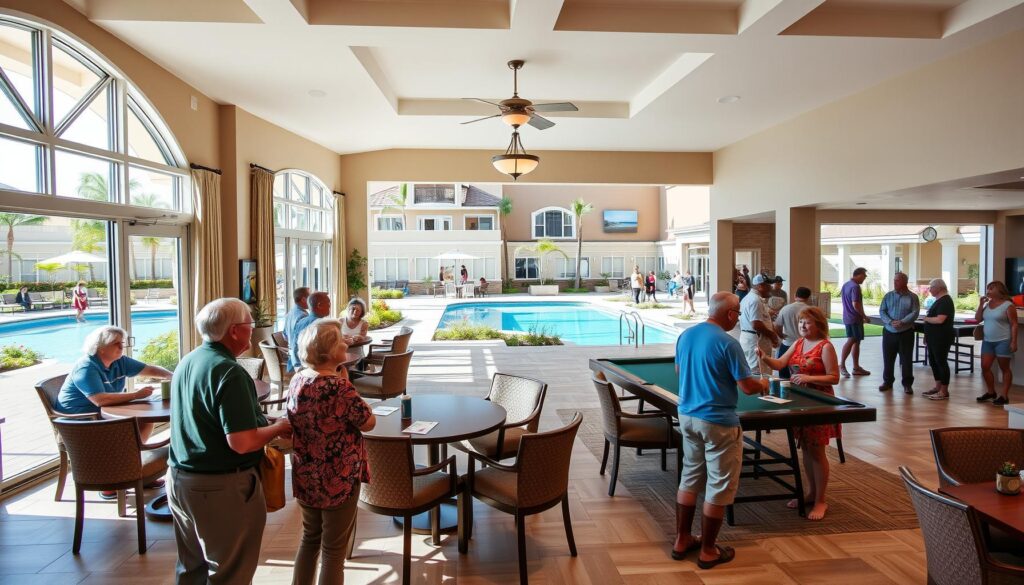 Modern 55+ community clubhouse with fitness center, pool, and social lounge in Port St. Lucie