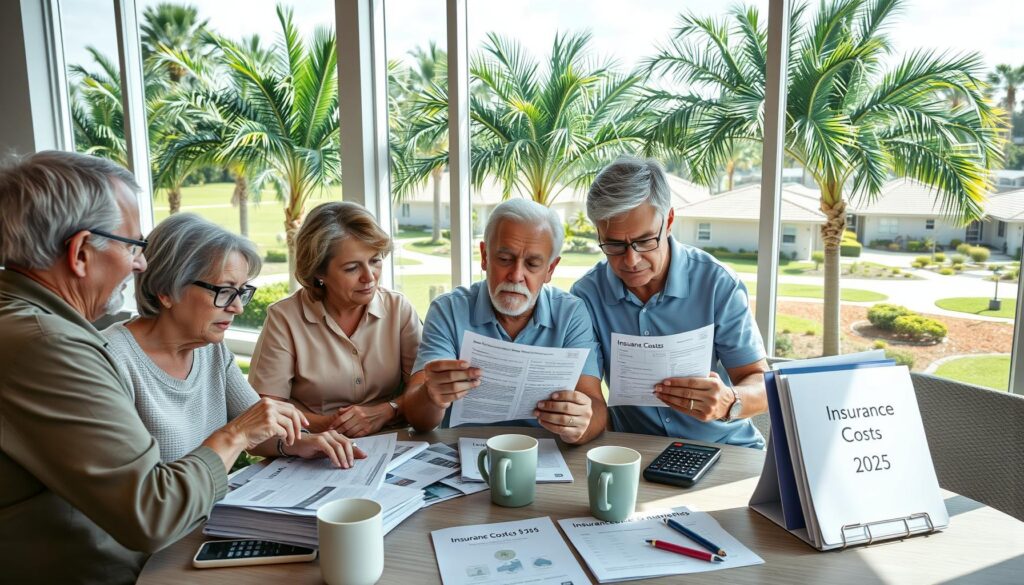 Retirees in a Port St. Lucie 55+ community discussing rising insurance costs