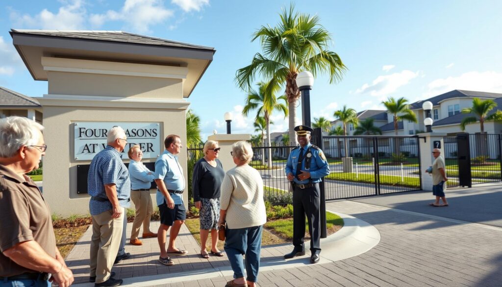 Gated retirement community entrance in Port St. Lucie with security features