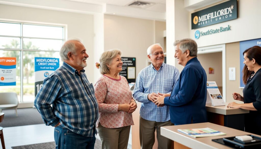 Elderly couple using senior-friendly banking at a Port St. Lucie branch near 55+ community
