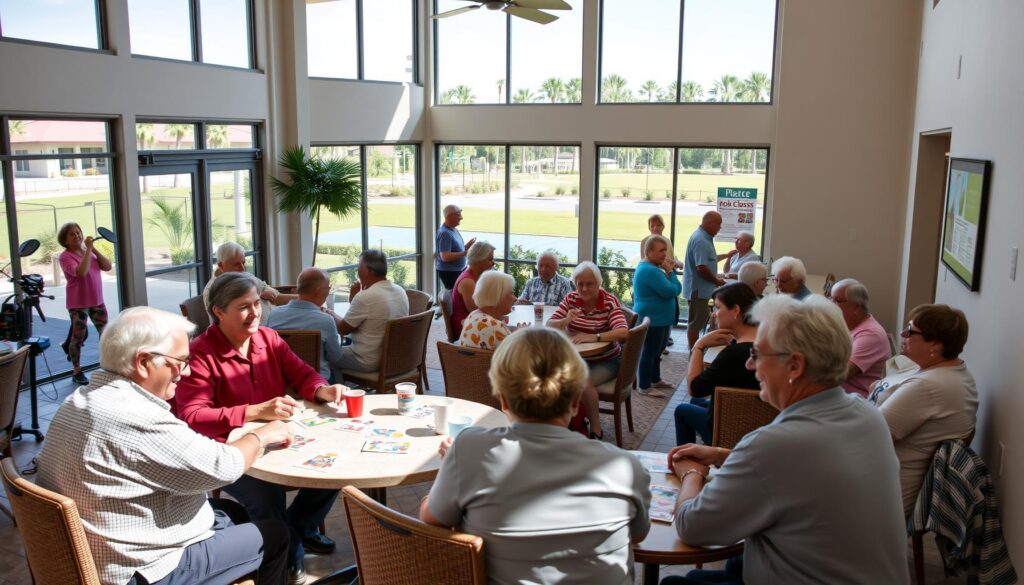 Seniors participate in group activities at a vibrant Port St. Lucie 55+ community clubhouse.