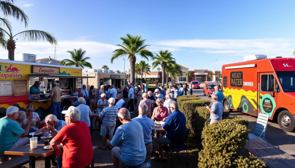 Colorful food trucks parked near Port St. Lucie 55+ communities event.