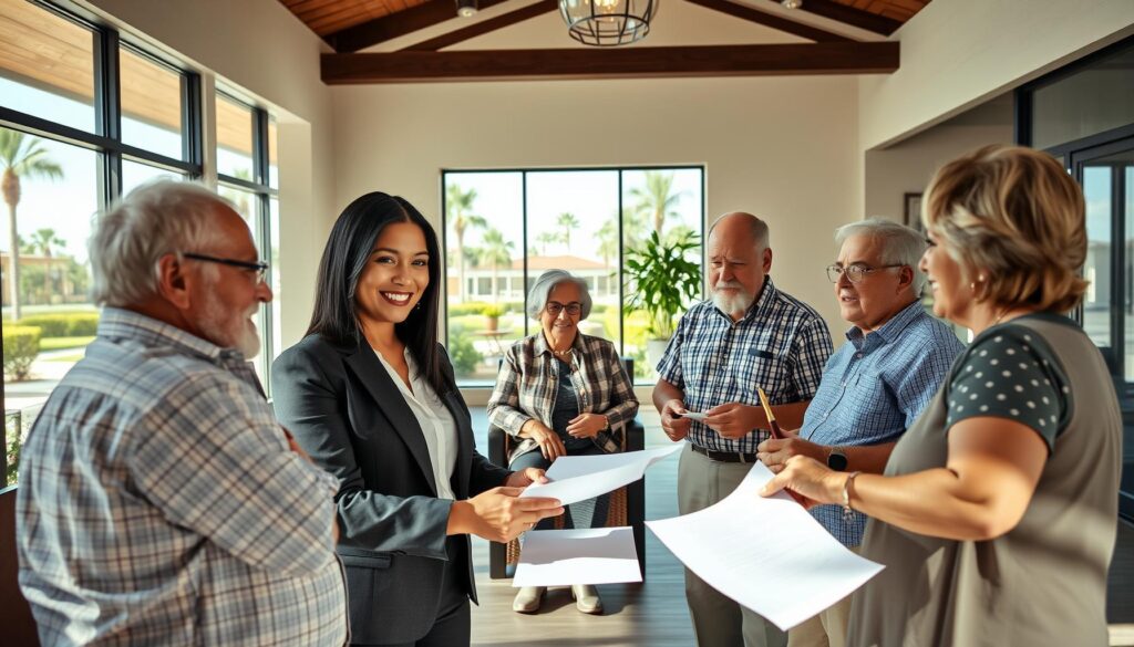 Property manager meeting with senior residents in a vibrant Port St. Lucie 55+ community clubhouse