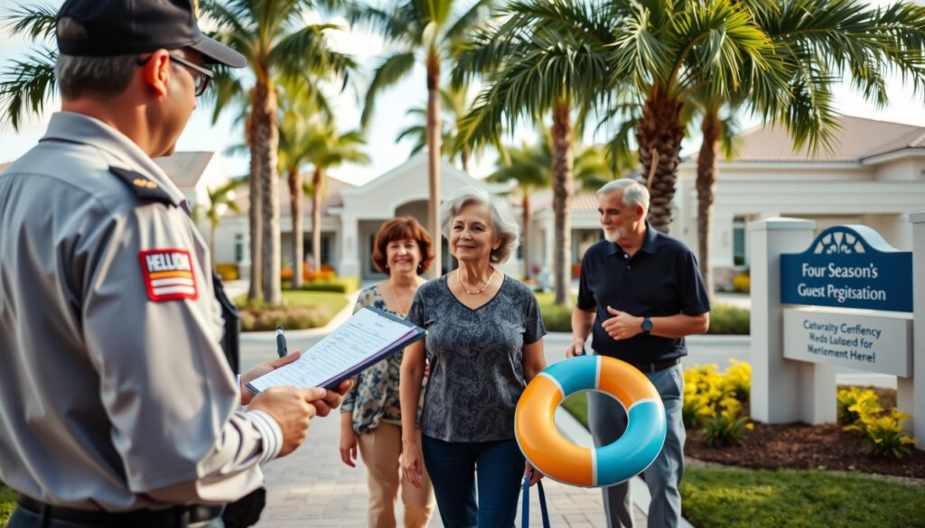 Active adults greeting visiting family in Port St. Lucie 55 community clubhouse