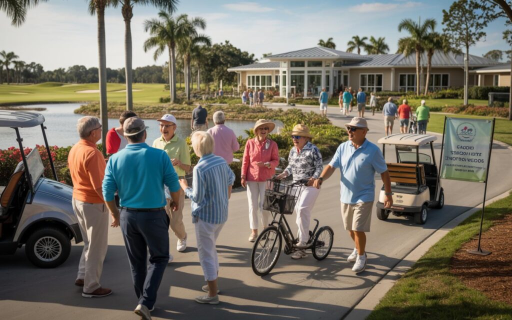 Snowbirds relaxing in Port St. Lucie 55+ community with club amenities in winter