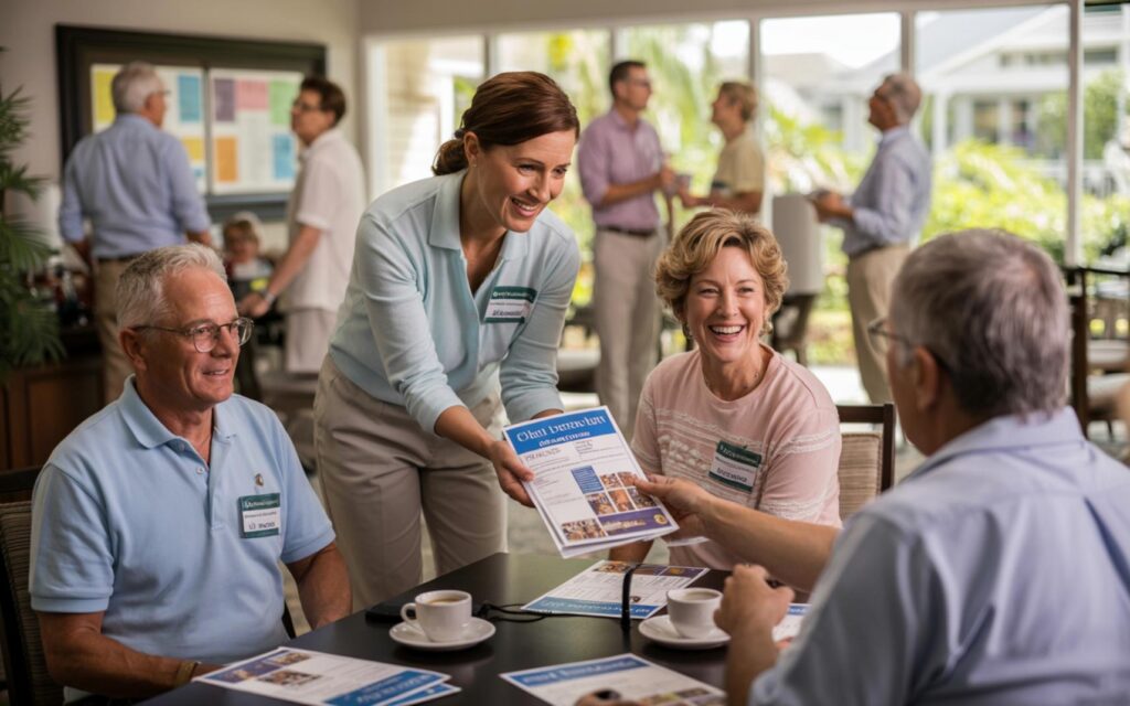 Seniors gather in a Port St. Lucie 55+ community clubhouse discussing new club ideas.